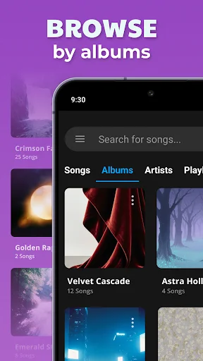 Browse albums feature in Music Player displaying album grid with Velvet Cascade, Astra Holl and song count information