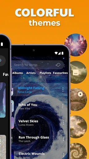Colorful themes feature showing multiple theme variations as circular buttons with album artwork designs for customizing player interface