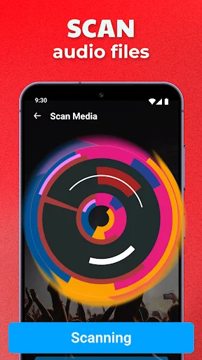 Scan audio files feature with animated rainbow spiral and Scanning button for discovering media library songs