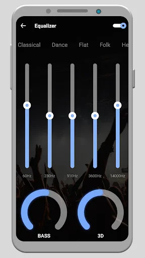 Equalizer control interface with five adjustable frequency sliders at 60Hz, 250Hz, 910Hz, 3600Hz, and 14000Hz plus Bass and 3D controls