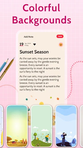 Colorful Backgrounds feature with multiple theme options for customizing diary entry appearance and styling