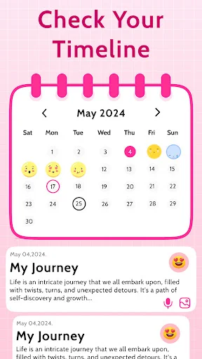 Check Your Timeline calendar view showing May 2024 with emoji-marked diary entries and timeline history display
