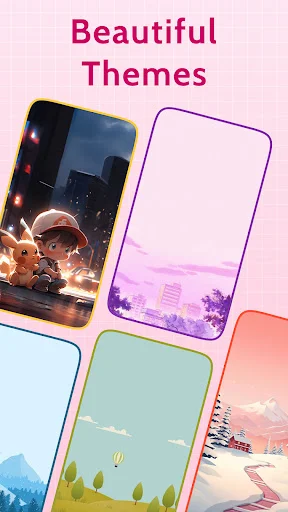 Beautiful Themes showcase displaying vibrant scenic backgrounds for personalizing diary with different artistic styles