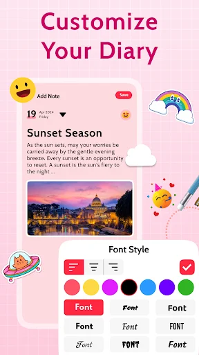 Customize Your Diary screen with font styles, color options, emoji selection, and diary entry preview sample