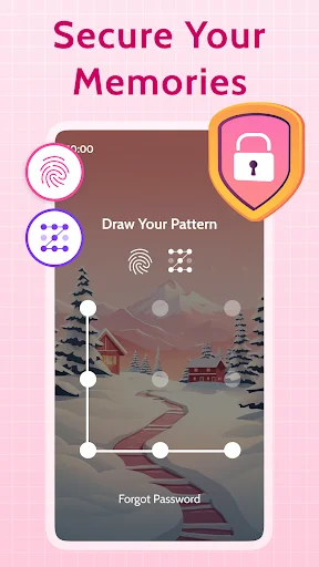 Secure Your Memories showing fingerprint lock, pattern drawing, and password protection options for diary security