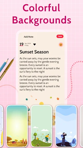 Colorful Backgrounds feature with multiple theme options for customizing diary entry appearance and styling