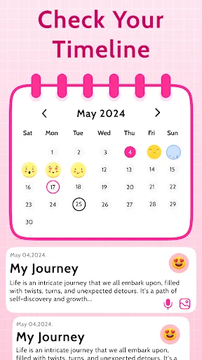 Check Your Timeline calendar view showing May 2024 with emoji-marked diary entries and timeline history display