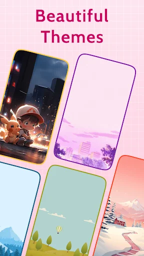 Beautiful Themes showcase displaying vibrant scenic backgrounds for personalizing diary with different artistic styles