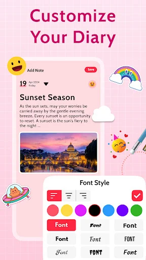 Customize Your Diary screen with font styles, color options, emoji selection, and diary entry preview sample
