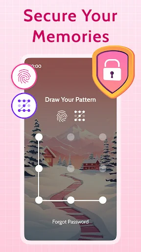 Secure Your Memories showing fingerprint lock, pattern drawing, and password protection options for diary security