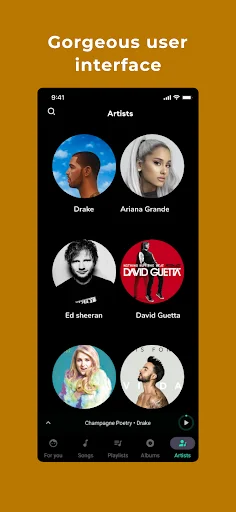 One Music Player Artists view with circular artist profiles, search functionality, and navigation tabs