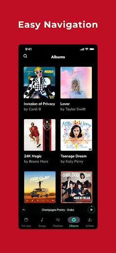 One Music Player Albums view displaying music album covers with easy navigation between content categories