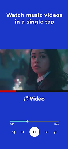 One Music Player Video tab showing music video playback with play controls and progress timeline