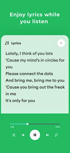 One Music Player lyrics view displaying song lyrics with play/pause button and playback progress controls