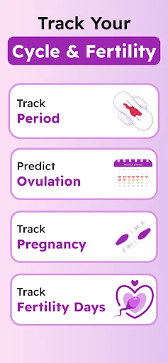 Fertility tracker main menu displaying period tracking, ovulation prediction, pregnancy tracking, and fertility days monitoring