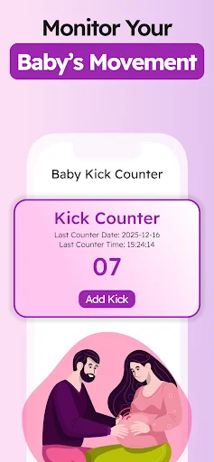 Baby kick counter for monitoring fetal movement with 07 kicks recorded and option to add more kicks during pregnancy
