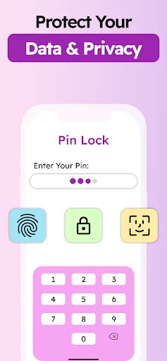 Pin Lock security featuring fingerprint, face recognition, and numeric keypad for protecting privacy and app data