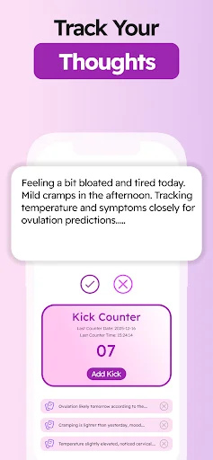 Symptom tracker for logging daily thoughts about ovulation, cramps, temperature, and energy during menstrual cycle tracking