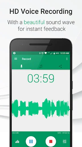 HD voice recording interface displaying 03:59 timer with real-time green sound wave visualization and recording controls