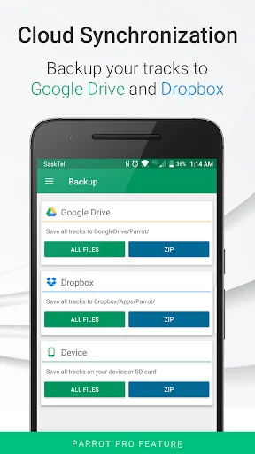 Cloud backup interface with options to sync voice recordings to Google Drive, Dropbox, or device storage automatically