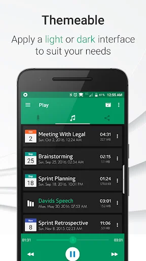Dark themed playlist interface displaying multiple recordings including meetings and brainstorming session audio files