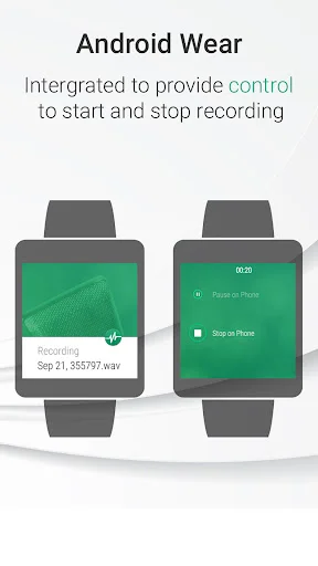 Android Wear smartwatch interface with recording status display and controls to start and stop voice recording remotely
