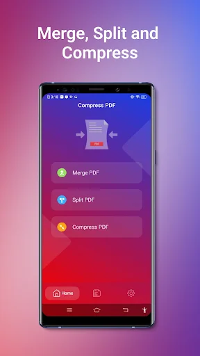 PDF Editor app home screen with Merge PDF, Split PDF, and Compress PDF feature buttons on purple gradient background