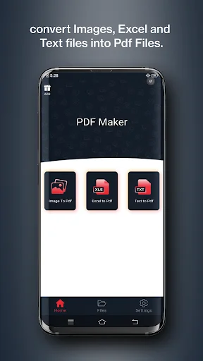 PDF Maker home screen displaying three conversion options: Image to PDF, Excel to PDF, and Text to PDF with navigation menu