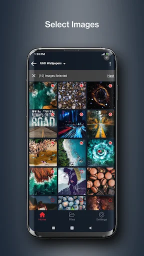 Image selection screen showing grid of photos from UHD Wallpapers folder with 10 images selected and Next button