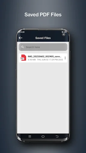 Saved Files screen displaying list of converted PDF files with search functionality and file details