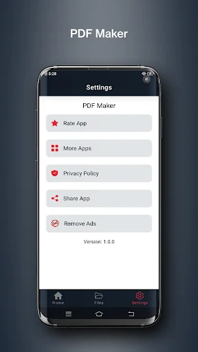 PDF Maker Settings screen with options to Rate App, View More Apps, Privacy Policy, Share App, and Remove Ads