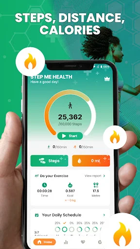 Step counter dashboard showing 25,362 daily steps, exercise tracking, and weekly activity schedule