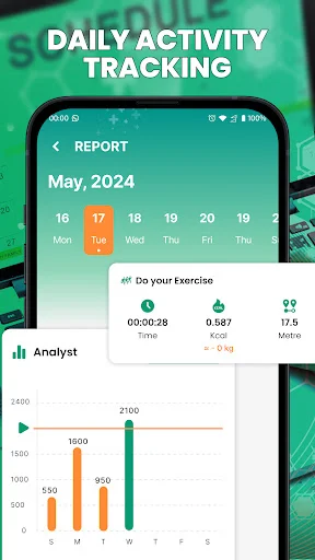 Daily activity report for May 2024 with exercise stats and bar chart comparison