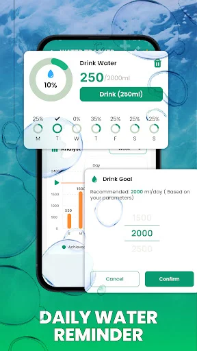 Water reminder tracking 250ml glass toward 2000ml daily hydration goal