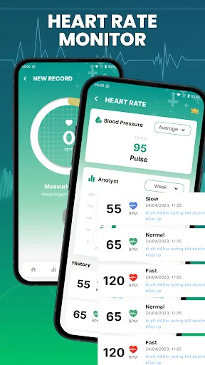 Heart rate monitor showing 95 bpm pulse with blood pressure and historical readings