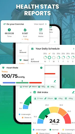 Health stats dashboard with exercise, heart rate, BMI metrics and weekly schedule