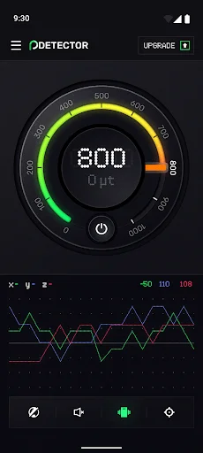 Perfect Metal Detector main screen showing 800 µT EMF reading with circular gauge and real-time magnetic field wave graphs