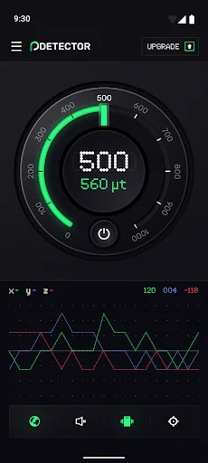 EMF detector displaying 500 µT magnetic field measurement with gauge indicator and live data visualization for metal detection