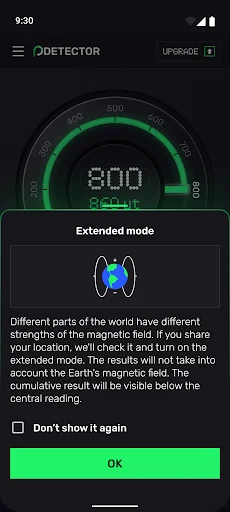 Extended mode dialog explaining Earth's magnetic field correction feature for accurate location-based metal and wire detection