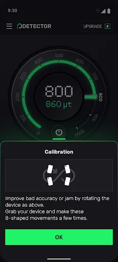 Calibration instructions modal with 8-shaped movement pattern guide to improve metal detector sensor accuracy and reduce interference