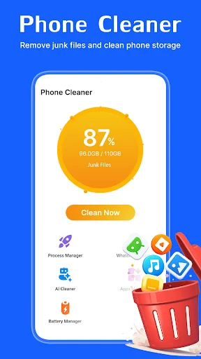 Phone Cleaner app dashboard showing 87% junk files with Clean Now button and access to process manager, notification, AI cleaner, and battery manager features