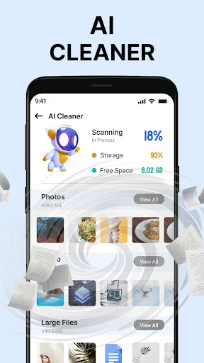 AI Cleaner scanning at 18% progress displaying storage analysis with free space breakdown, photos, and large files detection categories