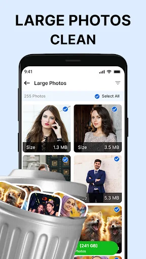 Large Photos Clean feature showing 241 GB of large photo files from 565 photos with individual file sizes and selection checkboxes