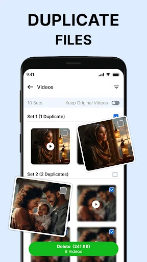 Duplicate Files manager for videos showing multiple duplicate video sets with keep original toggle and 241 KB delete option available