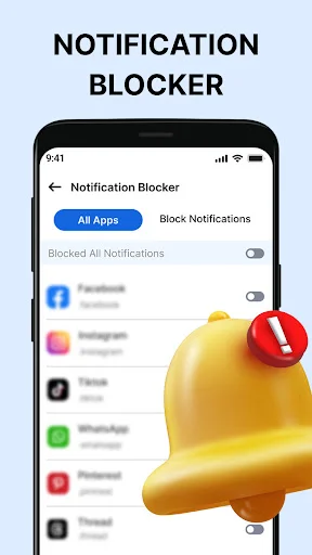 Notification Blocker interface with tabs to block notifications from multiple apps including Facebook, Instagram, Viber, and WhatsApp
