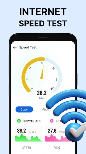 Internet Speed Test displaying connection speed gauge at 38.2 Mbps with downloads, uploads, jitter, and ping measurement charts
