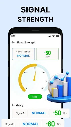 Signal Strength monitor showing Normal signal status at -50 dBm with real-time gauge meter and signal history log tracking