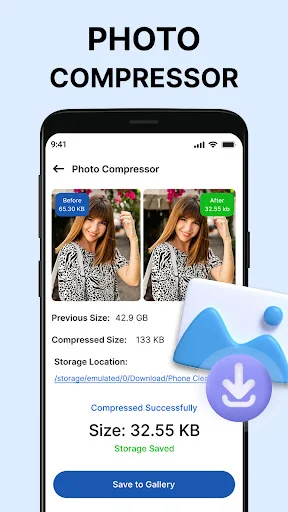 Photo Compressor showing successful image compression with file size reduction and storage saved confirmation with save to gallery button