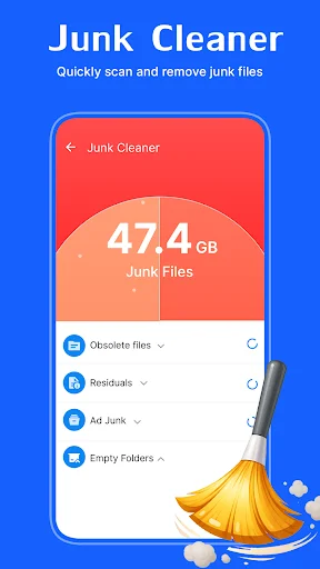 Junk Cleaner screen displaying 47.4 GB of junk files with categorized cleanup options for obsolete files, residuals, ad junk, and empty folders