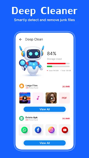 Deep Cleaner interface with AI robot mascot showing 84% storage usage and options to identify and delete large files and unwanted apps